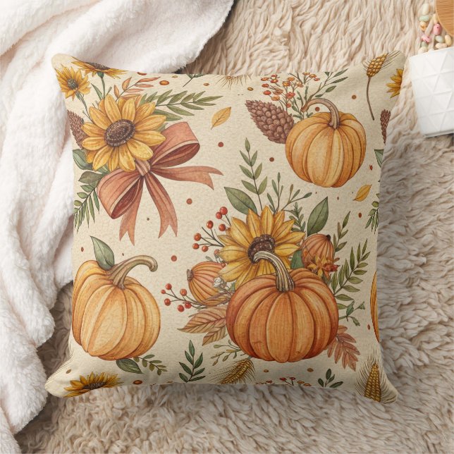 Cozy Autumn Pumpkin and Sunflower Pattern Cushion (Blanket)