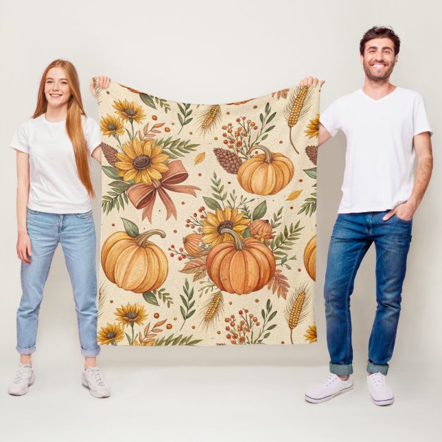 Cozy Autumn Pumpkin and Sunflower Pattern Fleece Blanket (In Situ)
