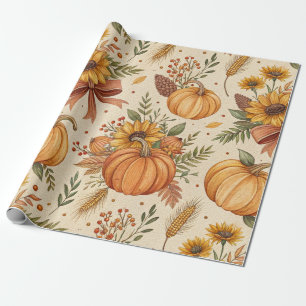 Cozy Autumn Pumpkin and Sunflower Pattern Wrapping Paper