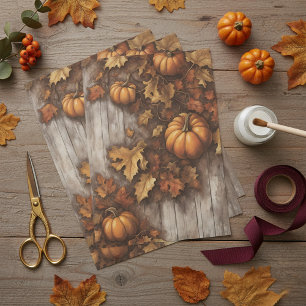 Cozy Autumn Rustic Pumpkins Fall Leaves on Wood Tissue Paper