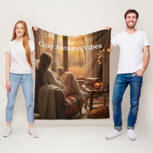 Cozy Autumn Vibes   Personalized Fall Cabin Window Fleece Blanket