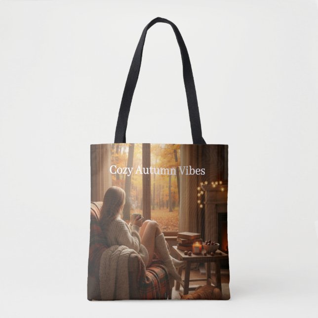 Cozy Autumn Vibes | Personalized Fall Cabin Window Tote Bag (Front)