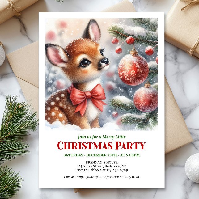 Cozy baby fawn wintery scene watercolor editable  invitation (Minimalist baby deer snowy forest watercolor scene Christmas invitation

)
