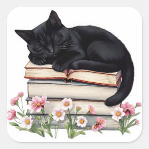 Cozy Black Cat Sleeping on Books Sticker