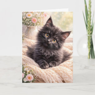 Cozy Black Kitten on Knit Blanket with Flowers  Card