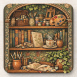 Cozy book shelf books artist supplies coffee coaster<br><div class="desc">A cozy retro-inspired design featuring a charming bookshelf filled with vintage books,  delicate botanical accents,  and a comforting cup of tea or coffee. Nestled among the pages sits an assortment of artist supplies,  adding a whimsical touch of fantasy to this warm and inviting book-lover scene.</div>