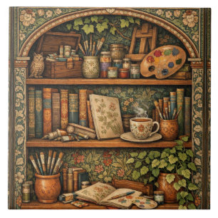 Cozy book shelf books artist supplies coffee tile
