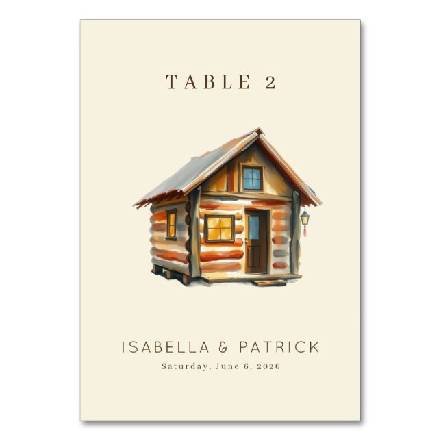 Cozy Brown Watercolor Log Cabin Table Number (Front)