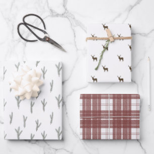 Cozy Cabin Deer, Pine, & Plaid Wrapping Paper Sheet
