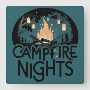 Cozy Campfire Nights Rustic Outdoor Adventure Square Wall Clock