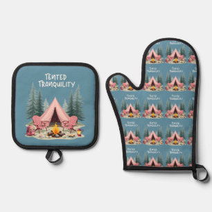 Cozy Camping Aesthetic Glamping Tent & Campfire Oven Mitt & Pot Holder Set