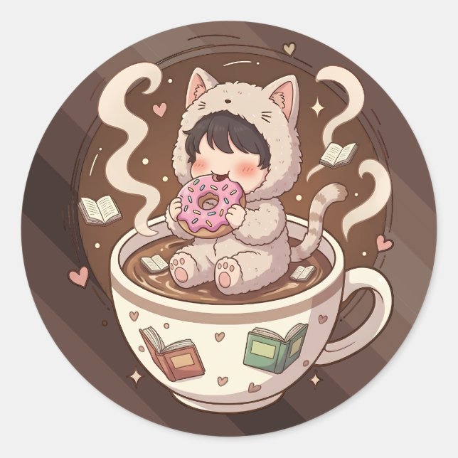 Cozy Cat Coffee Adventure Art Classic Round Sticker (Front)
