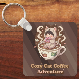 Cozy Cat Coffee Adventure Art Key Ring