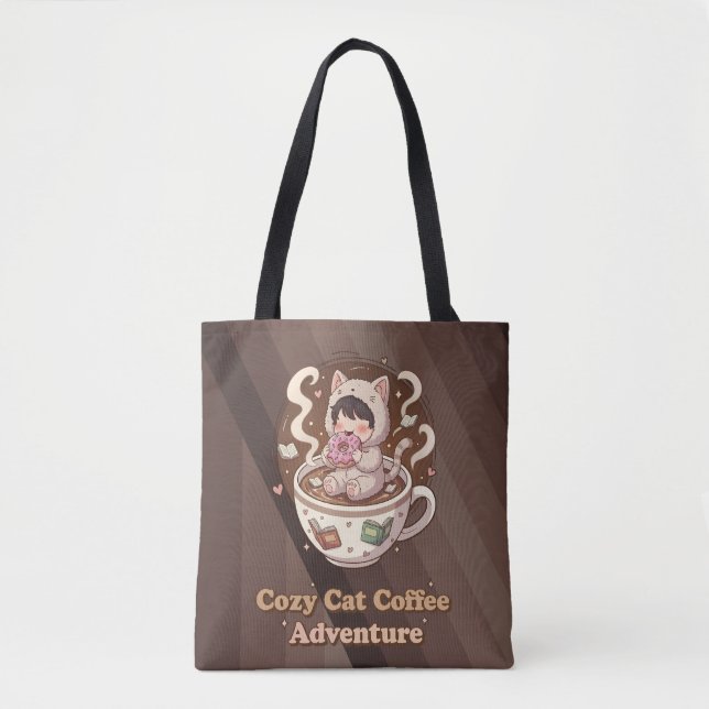 Cozy Cat Coffee Adventure Art Tote Bag (Front)