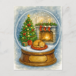 Cozy Cat Fireplace Christmas Snow Globe Postcard