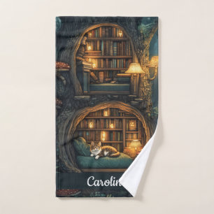 Cozy Cat in a Magical Treehouse Library Hand Towel