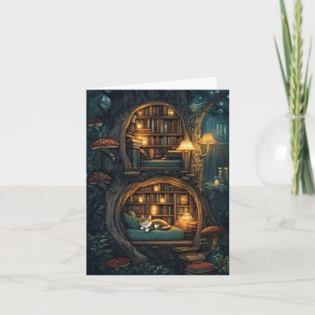 Cozy Cat in a Magical Treehouse Library Holiday Card (Front)