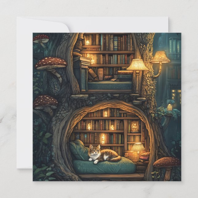 Cozy Cat in a Magical Treehouse Library Holiday Card (Front)