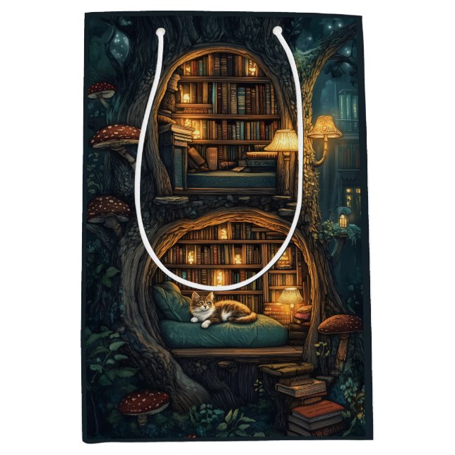 Cozy Cat in a Magical Treehouse Library Medium Gift Bag (Front)