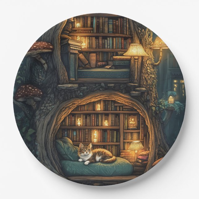 Cozy Cat in a Magical Treehouse Library Paper Plate (Front)