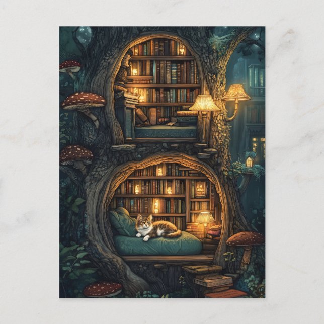 Cozy Cat in a Magical Treehouse Library Postcard (Front)