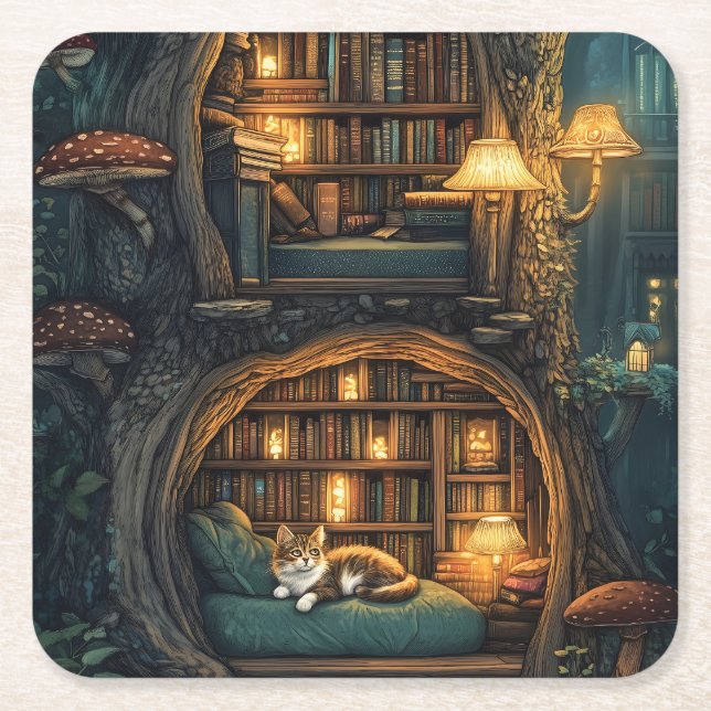 Cozy Cat in a Magical Treehouse Library Square Paper Coaster (Front)