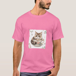 Cozy Cat in Teacup Illustration T-Shirt