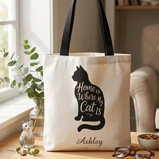 Cozy Cat Lover – Home is Where My Cat Is Tote Bag (Personalized cat tote bag)