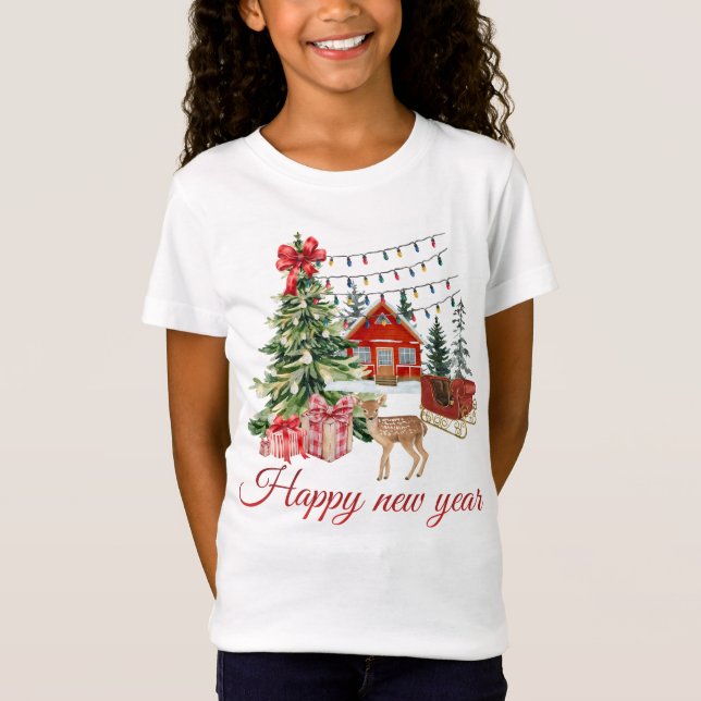 🎄 Cozy Christmas Cabin & Deer | Happy New Year Wa T-Shirt (Front)