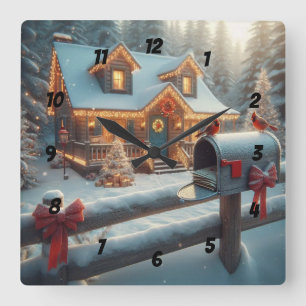 Cozy Christmas Cabin Winter Wonderland Square Wall Clock