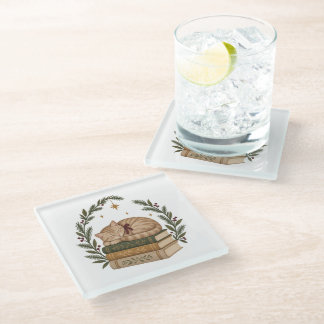 Cozy Christmas Cat Sleeping on Vintage Books Glass Coaster