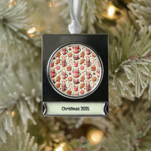 Cozy Christmas Cocoa and Gingerbread Pattern Silver Plated Banner Ornament