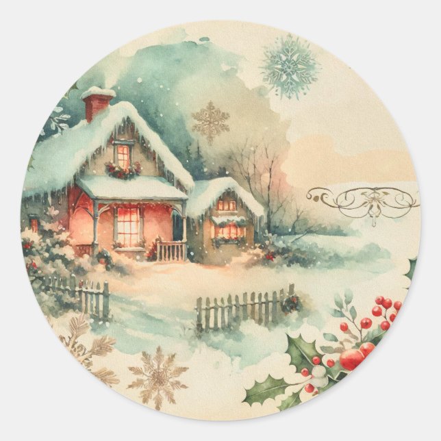 Cozy Christmas Cottage  Classic Round Sticker (Front)