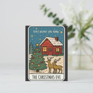 Cozy Christmas Eve Scene Cabin, Reindeer & Tree Postcard