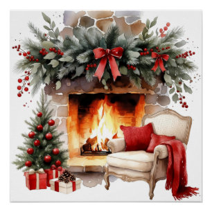 Cozy Christmas Fireplace Watercolor Art Print