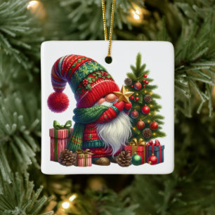 Cozy Christmas Gnome Art – Festive Holiday Ceramic Ornament