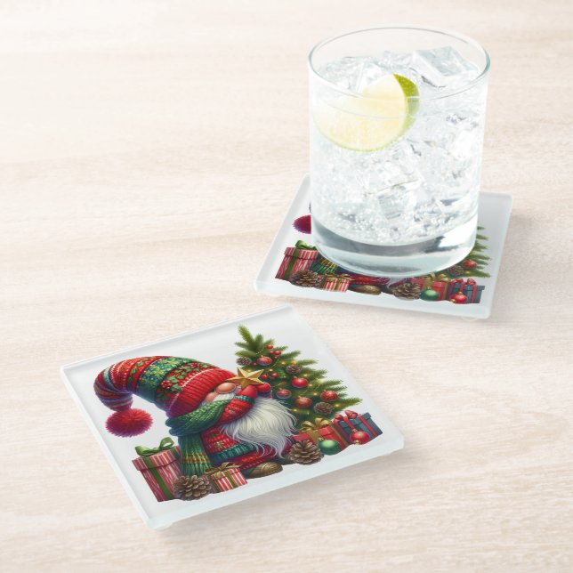 Cozy Christmas Gnome Art – Festive Holiday Glass Coaster (Angled)