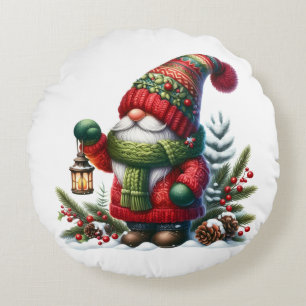 Cozy Christmas Gnome Art – Festive Holiday Round Cushion
