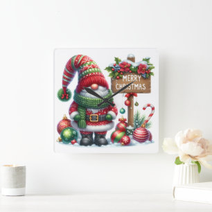 Cozy Christmas Gnome Art – Festive Holiday Square Wall Clock