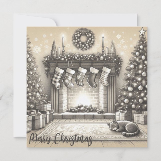 Cozy Christmas Kitty Sketch Flat Card (Front)