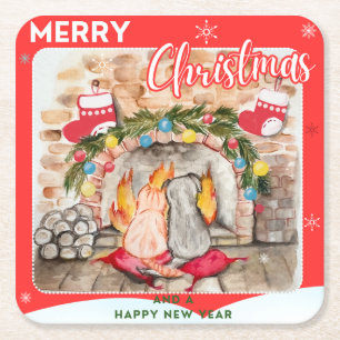 Cozy Christmas mantel with dog and cat Square Paper Coaster