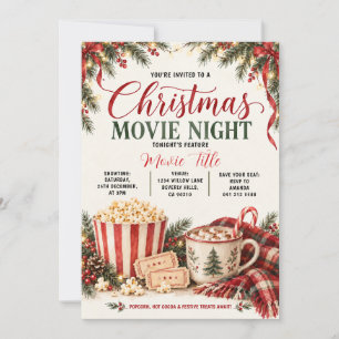Cozy Christmas Movie Night Popcorn & Cocoa Red Bow Invitation