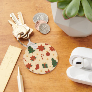 Cozy Christmas Pattern with Gifts and Trees Key Ring