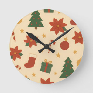 Cozy Christmas Pattern with Gifts and Trees Round Clock