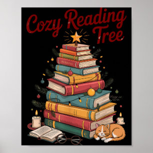 Cozy Christmas Reading Tree Cat Candle Stack Booki Poster