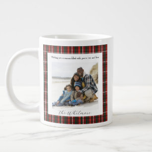 Cozy Christmas Red Plaid Vintage Monogram 2 Photo Large Coffee Mug