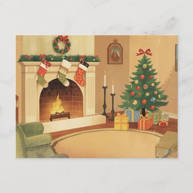 Cozy Christmas Room Illustration Postcard (Front)