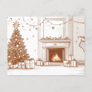 Cozy Christmas Room with Fireplace, Tree and Gifts Holiday Postcard