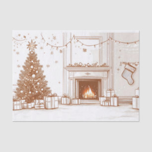 Cozy Christmas Room with Fireplace, Tree and Gifts Tissue Paper
