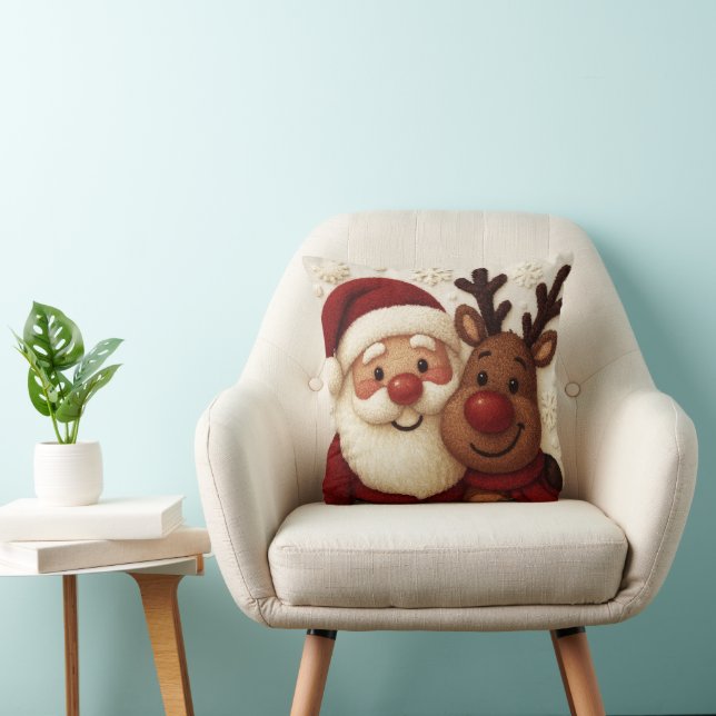 Cozy Christmas Santa & Reindeer Throw Pillow (Chair)